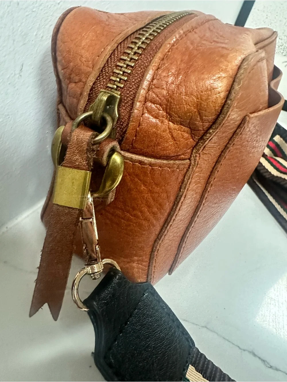 Madewell Leather camera Crossbody Bag with unbranded Striped Adjustable Strap